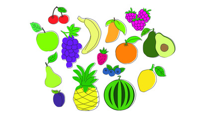 Icon set of berries and fruits (plum, pear, apple, cherry, grape, pineapple, banana, strawberry, mango, blueberry, watermelon, orange, raspberry, lemon, avocado) for menu, healthy eating.