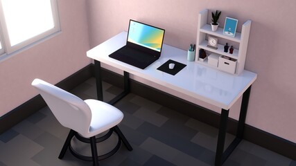 デスクの上にラップトップ　白い部屋　3DCG　インテリア