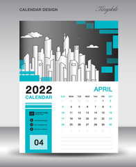 Calendar 2022 design template, April 2022 year layout, vertical calendar design, Desk calendar template, Wall calendar, Planner, week starts on sunday, Blue square shape background, vector