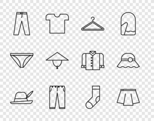 Set line Oktoberfest hat, Skirt, Hanger wardrobe, Pants, Asian conical, Socks and Elegant women icon. Vector