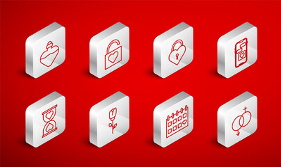 Set line Gender, Lock and heart, Castle in the shape of, Mobile with, Calendar, Bottle love potion, Flower rose and Heart center hourglass icon. Vector