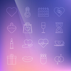 Set line Gender, Coffee cup and heart, Heart in the center hourglass, Calendar with, Shopping bag, Bottle love potion, and Wine icon. Vector