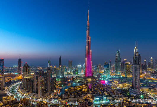 Beautiful view of Dubai skyline in night, United Arab Emirates. 