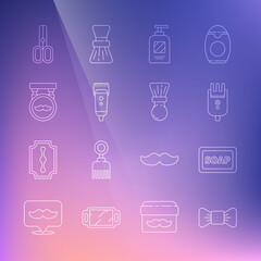 Set line Bow tie, Bar of soap with foam, Electrical hair clipper or shaver, Bottle shampoo, Barbershop, Scissors hairdresser and Shaving brush icon. Vector