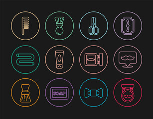 Set line Barbershop, Scissors hairdresser, Cream lotion cosmetic tube, Towel, Hairbrush, and Shaving icon. Vector