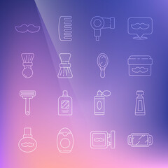 Set line Hand mirror, Cream lotion cosmetic tube, jar, Hair dryer, Shaving brush, Mustache and icon. Vector