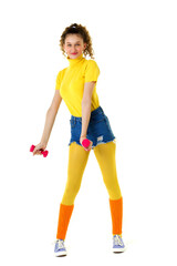 Sporty girl doing sport exercise with red dumbbell