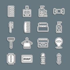 Set line Classic Barber shop pole, Barbershop, Cream or lotion cosmetic tube, Shaving gel foam and brush, Hairbrush, and icon. Vector