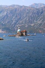 montenegro, church, Our Lady of the Rocks, perast, sea, lake, water, boat, island, summer, mountain, landscape, architectire, building, ancient, facade, medieval, brick,	