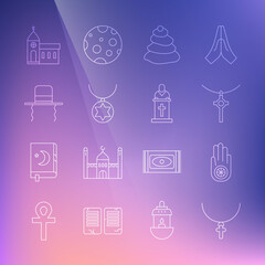 Set line Christian cross on chain, Jainism or Jain Dharma, Stack hot stones, Star of David necklace, Orthodox jewish hat with sidelocks, Church building and pastor preaching icon. Vector