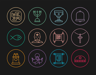Set line Jewish kippah with star of david, Christian cross on chain, chalice, Man third eye, fish, Jainism, Decree, paper, parchment, scroll and Hanukkah menorah icon. Vector