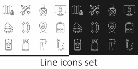 Set line Fishing hook, Hiking backpack, Canteen water bottle, Carabiner, Tree, Location of the forest on map, and Crossed arrows icon. Vector