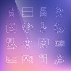 Set line Marijuana or cannabis leaf, Digital alarm clock, Cookies with marijuana, Medical bottle, Herbal ecstasy tablets, Shopping box of, olive oil and Glass bong for smoking icon. Vector