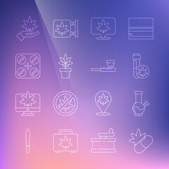 Set line Medical pills with marijuana, Glass bong for smoking, Chemical test tube, Location and cannabis, Marijuana plant, leaf and Smoking pipe icon. Vector