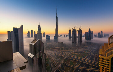 Fototapeta na wymiar Dubai city view in Fog, United Arab Emirates