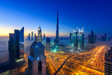 Fototapeta na wymiar Dubai city view in Fog, United Arab Emirates