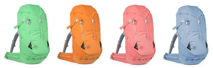 Different hiking backpacks on white background, collage. Banner design