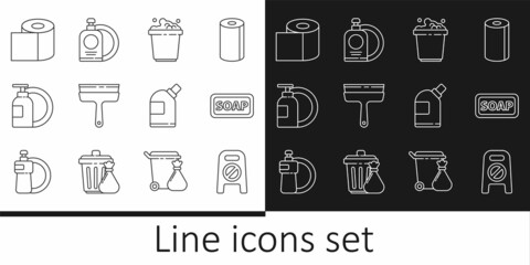 Set line Wet floor and cleaning in progress, Bar of soap, Bucket with suds, Rubber cleaner for windows, Dishwashing liquid bottle plate, Toilet paper roll, Bottles agent and icon. Vector