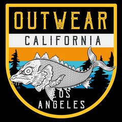 Fashion design fish with text outwear california and mountains