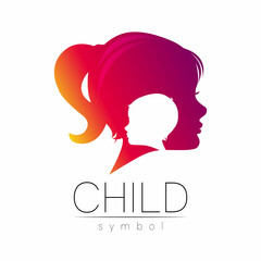 Child Girl violet logotype in vector. Silhouette profile human head. Concept logo for people, children, autism, kids, therapy, clinic, education. Template symbol, modern design