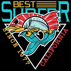 Cool fish design with text Best surfer california and background for fashion