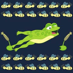 frog and bees with navy blue background