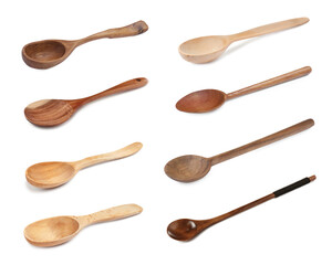 Wooden spoons on white background, collage. Cooking utensil