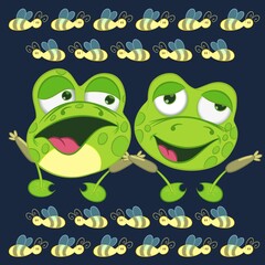 couple of frogs with bees and navy blue background