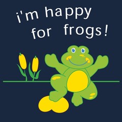 frog happy with navy blue background and text