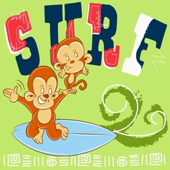 Cool monkey with surfboard and text Surf and background