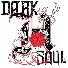 Letter H with roses and text Dark Soul in skate design