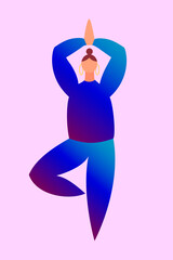 A woman in blue clothes stands in a tree pose. The cartoon character does yoga. Concept of balance, healthy lifestyle, sports, harmony