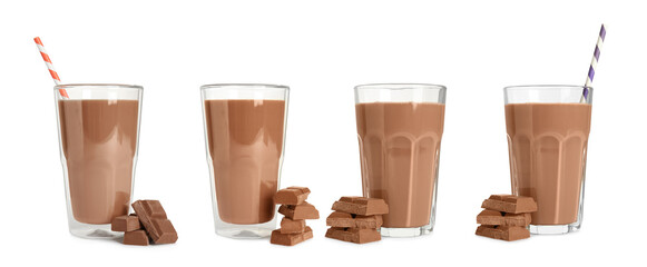 Set with delicious chocolate milk on white background. Banner design