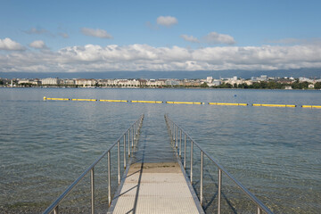 the new artificial beach of Les Eaux Vives in a beautiful summer day Geneva, Switzerland