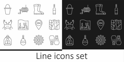 Set line Rubber flippers for swimming, Folded map, Fishing boots, Aquarium, Crab, bucket, Location fishing and Spinning reel icon. Vector © vector_v