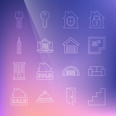 Set line Staircase, Sofa, House plan, under protection, Online real estate house, Skyscraper, key and Garage icon. Vector
