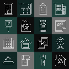 Set line House with dollar symbol, Location key, plan, contract, percant discount, Parking, and Online real estate house icon. Vector