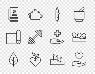 Set line Leaf, Heart in hand, Pipette, Medical book, Dumbbell, Acupuncture therapy and Vacuum cans icon. Vector