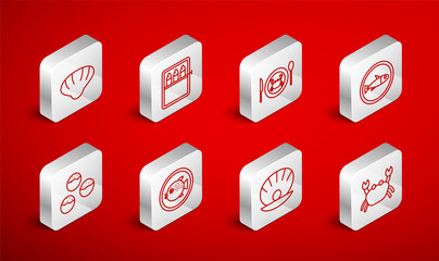 Set line Crab, Canned fish, Served crab on plate, Shell with pearl, Scallop sea shell, Puffer and Takoyaki icon. Vector