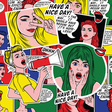 Retro comic book background. Pop art background. Women with speech bubbles. Pin up retro style. Colorful illustrations. 