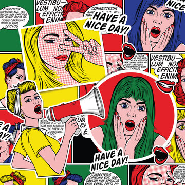 Retro comic book background. Pop art background. Women with speech bubbles. Pin up retro style. Colorful illustrations. 