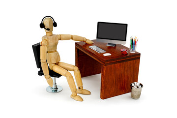 AT THE CALL CENTER OR OFFICE WITH HEADPHONES AND COMPUTER