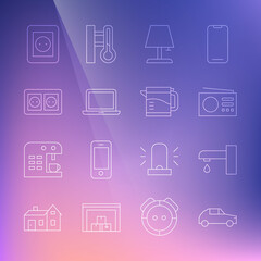 Fototapeta na wymiar Set line Car, Water tap, Radio, Table lamp, Laptop, Electrical outlet, and kettle icon. Vector
