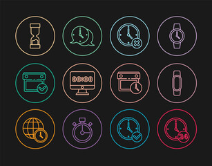 Set line Clock 24 hours, Smartwatch, delete, on monitor, Calendar with check mark, Old hourglass, and clock and speech bubble icon. Vector