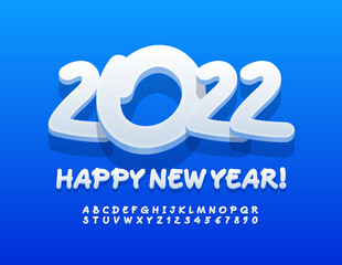 Vector playful Greeting Card Happy New Year 2022! White 3D Font. Original Alphabet Letters and Numbers set