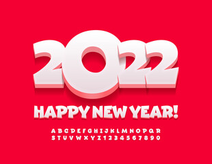 Vector funny Greeting Card Happy New Year 2022! Modern Comic 3D Font. Creative Alphabet Letters and Numbers set