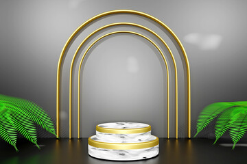 Marble cylinder pedestal podium with a gold edge for product showcase. Gold ring shape and Tropical jungle Monstera leaves with a cement backdrop. 3d render illustration.