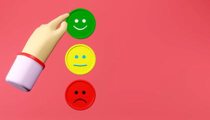 Client giving smile face feedback on red background. Customer satisfaction survey and questionnaire concept. 3d render illustration.