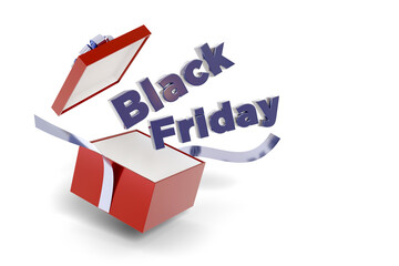 Black friday text coming out of a gift box isolated on a white background. 3d illustration.