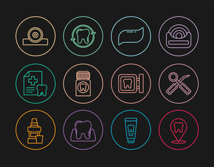 Set line Dental clinic location, inspection mirror, Toothpaste, Painkiller tablet, card, Otolaryngological head reflector, and whitening icon. Vector